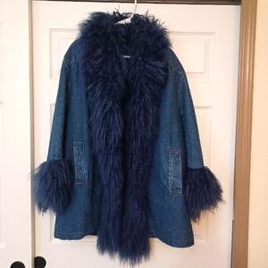 L Furs Blue Mongolian Lamb Mohair Fur Jean Jacket Removable Vest Size Large